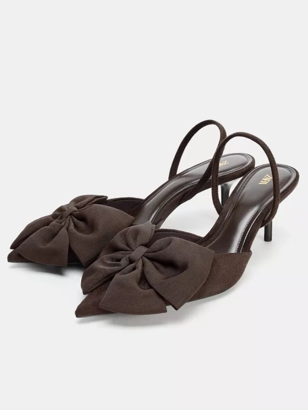 NWT Zara Woman BOW HEELED SLINGBACKS Heels Shoes Brown Size 7.5